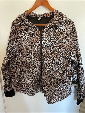 Free People Leopard Print Hooded Windbreaker Jacket in Brown and Black